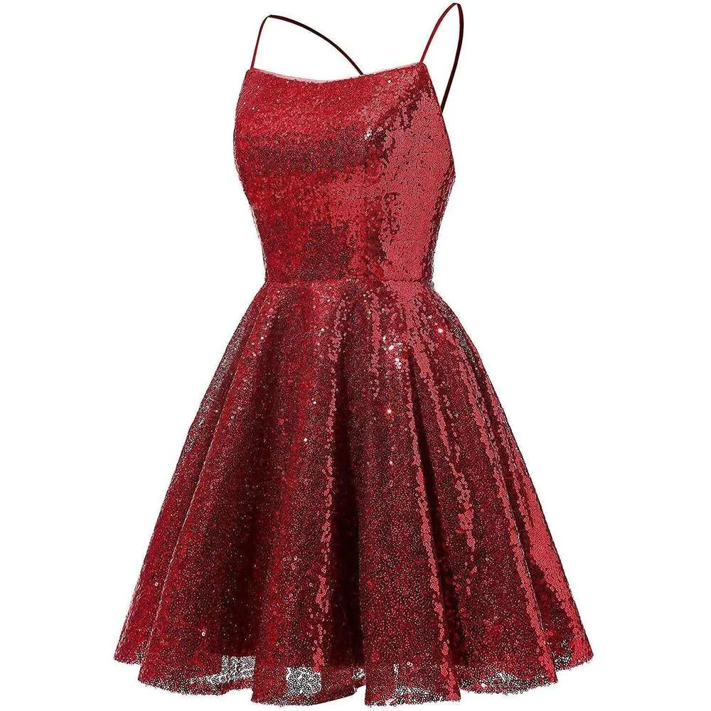 Sparkling Sequin Mini Dress for Teens with Spaghetti Straps and Flare Fit
