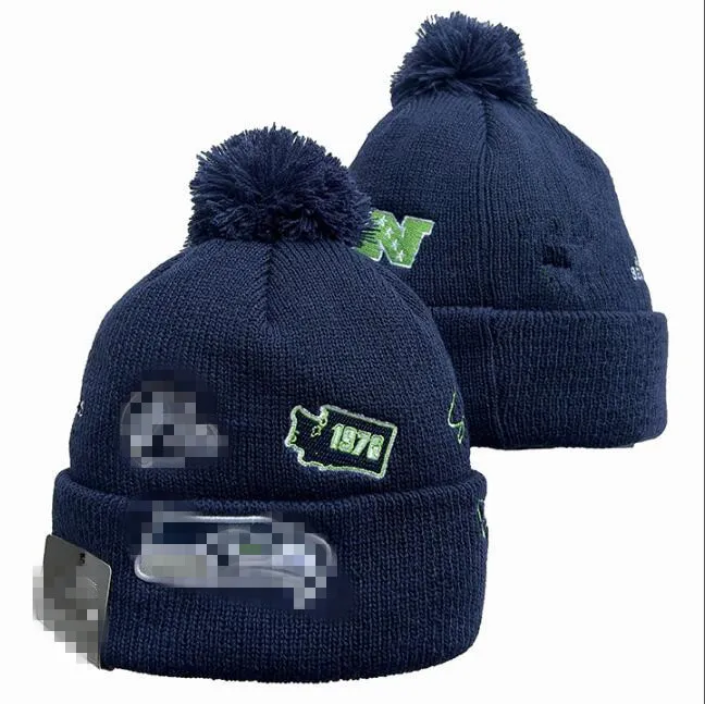Seahawks Knit Pom Beanie Hat Striped Wool Warm Winter Cap for Men Women