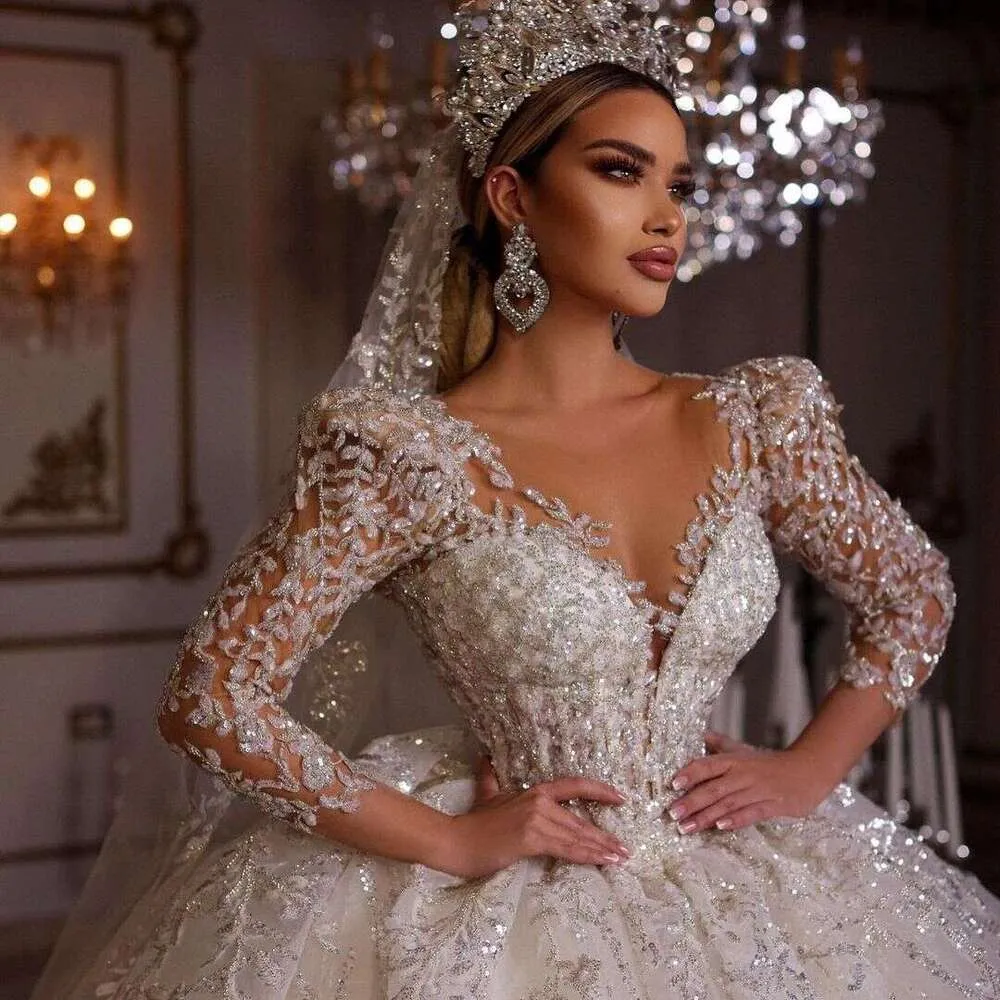 chinese dress ladies Princess Long Sleeves Sheer Back White Wedding Dress with Lace –  FancyVestido main image 1