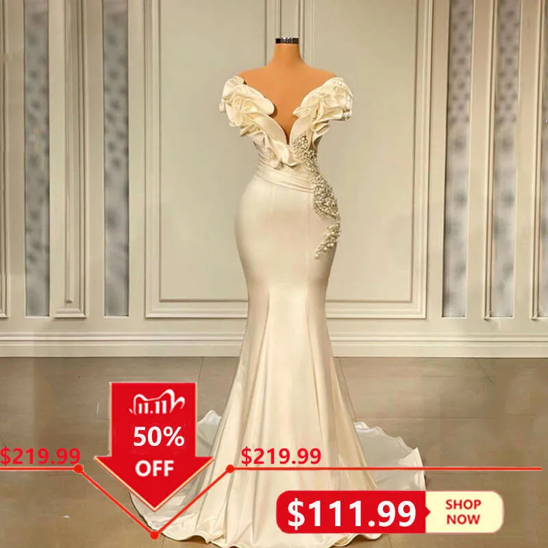 David Bridal Satin Dress: Mermaid Wedding Gown with V Neck, Pearls