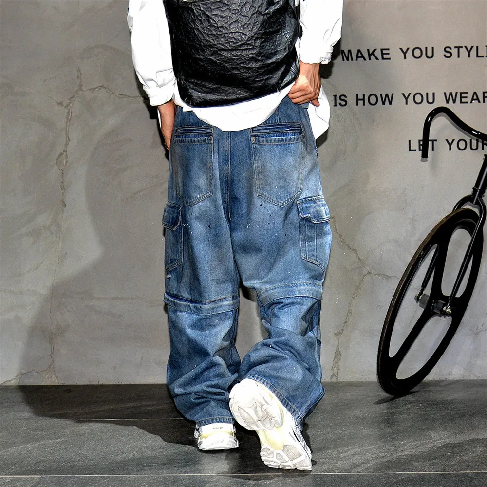 Baggy Denim Mens Distressed Cargo Jeans: High End Detachable