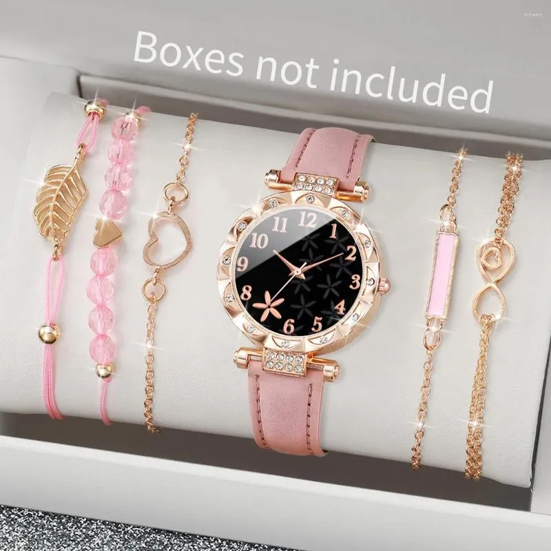 Women's Fashion Watch Set Elegant Flower Dial Quartz Wristwatch with  Leather Band Matching Bracelet Set (6 Pcs) Perfect Gift!
