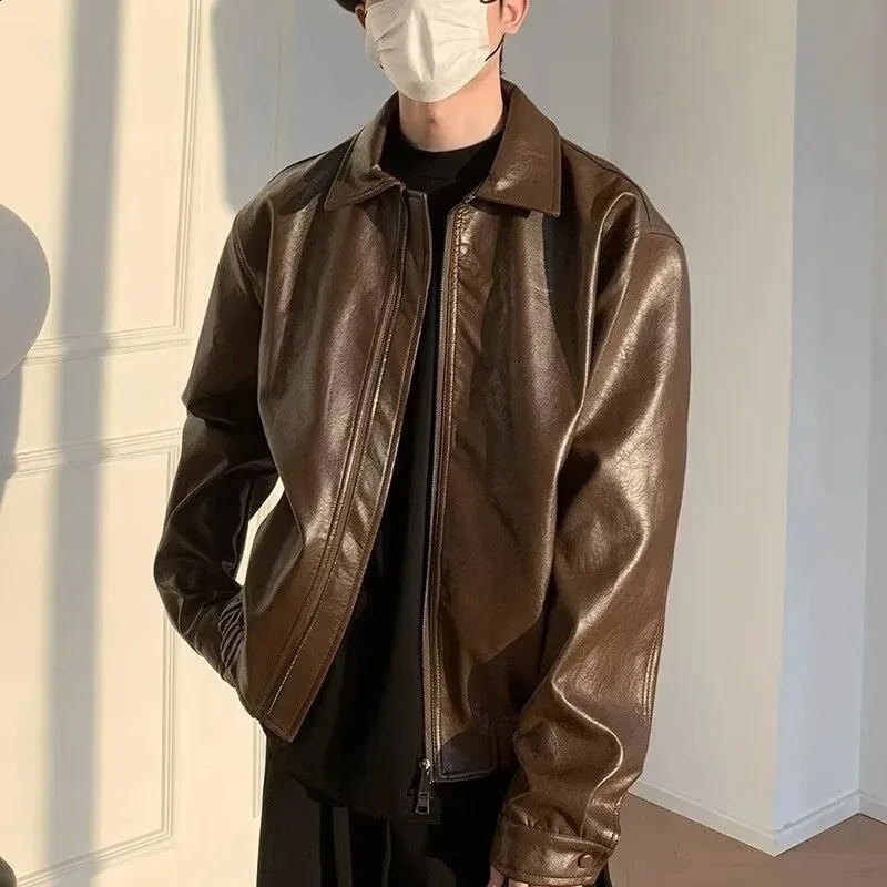 Brown Faux Leather Bomber Jacket for Men: Japanese-Inspired, Y2K
