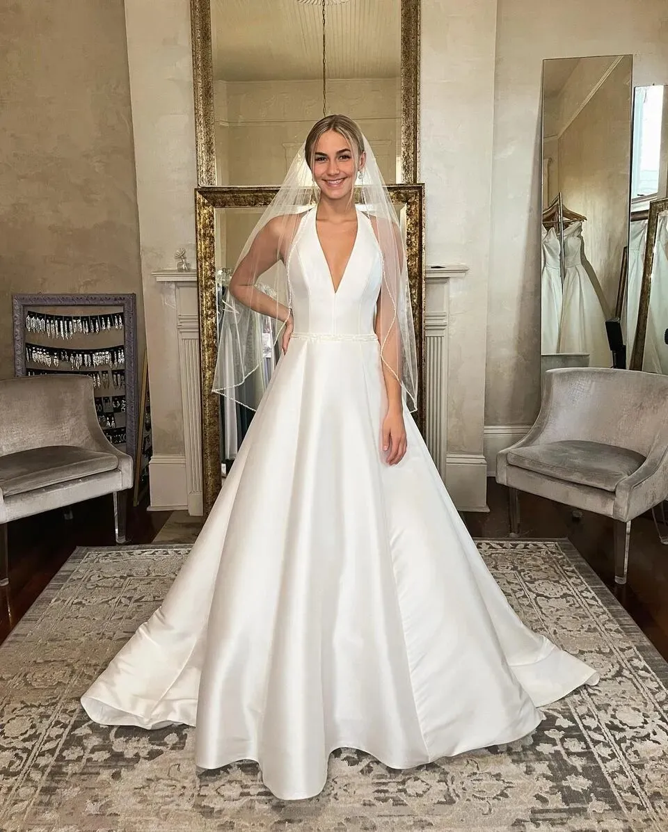 Classic Halter A Line Satin Wedding Dress, Backless... From Wevens, $113.62  | DHgate.Com