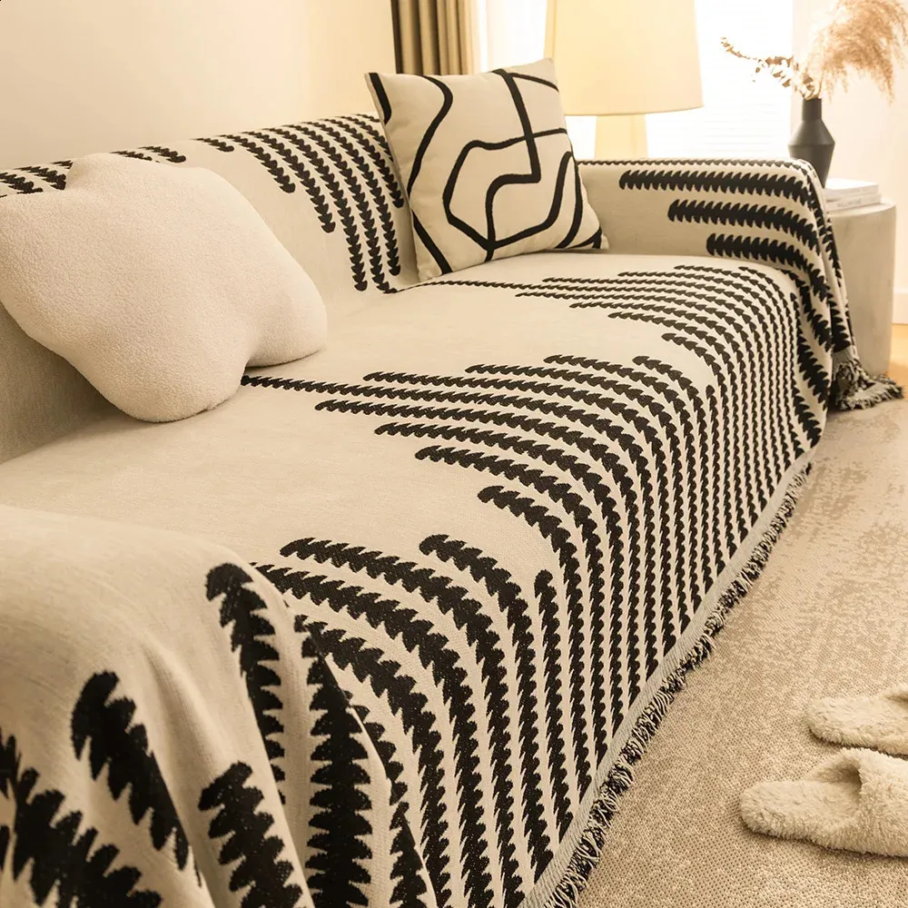 Chenille Sofa Cover Nordic Style Throw Blanket With Tassels, Large