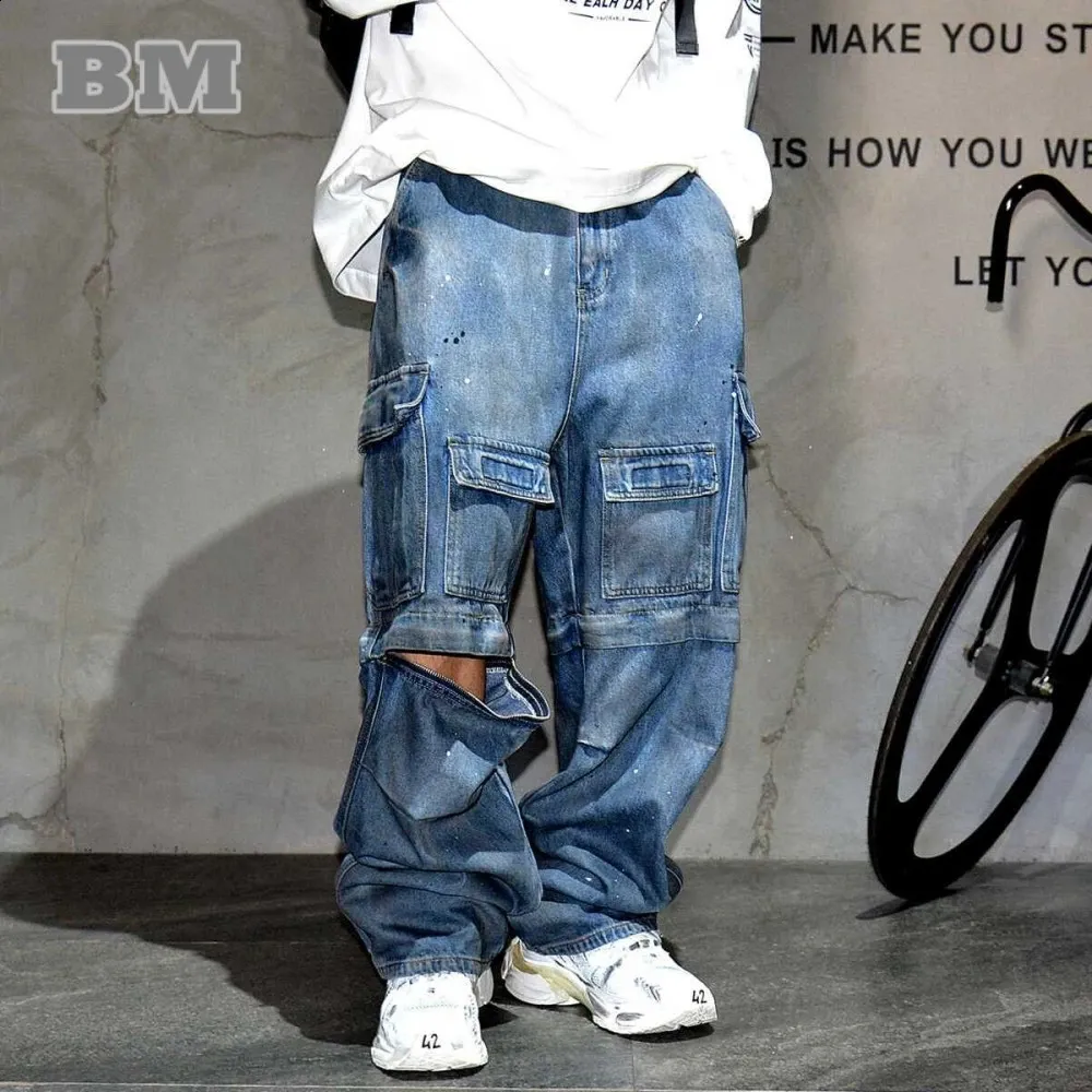 Distressed Dirty Baggy Denim Cargo Pants with Detachable Sections