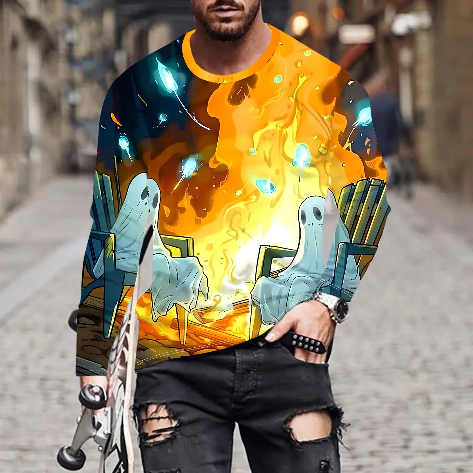 Horror T Shirts Ghost Print Mens Long Sleeve Crew Neck Top Autumn