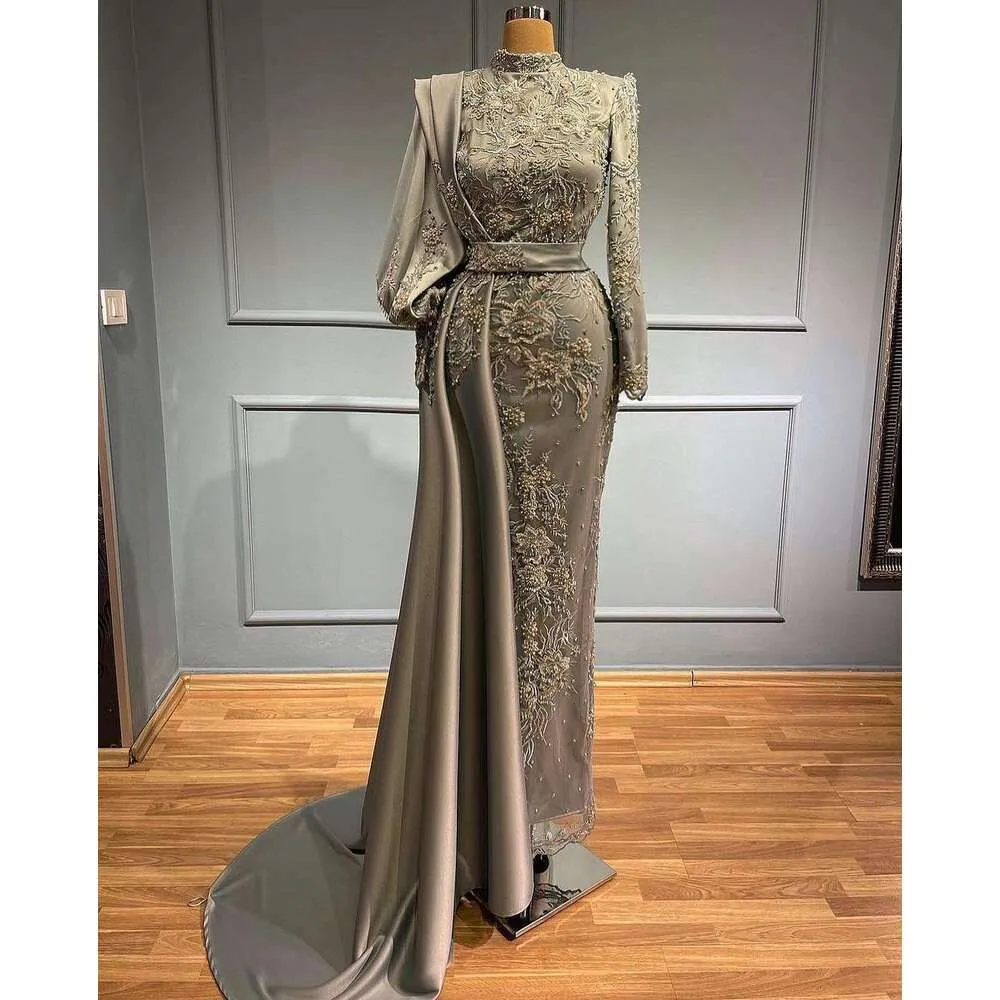 Evening Mermaid Dress Illusion Necke Full Sleeve Side Slit