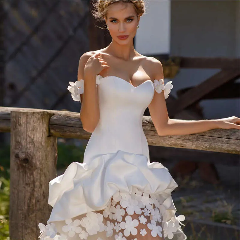 Short Fashion Sumnus Wedding Dress Lace Up 3D Wers Illusion Off