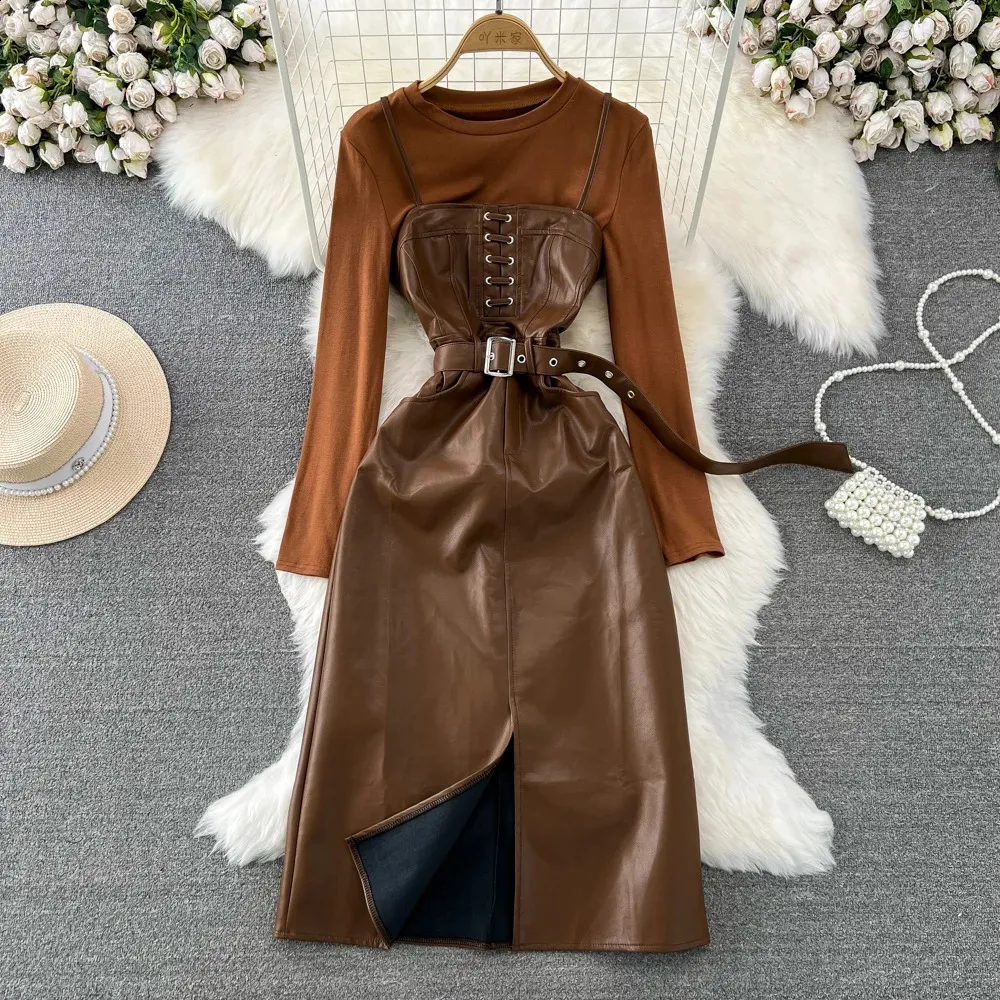 Womens Two Piece Dresses, Korean Clothing Womens Retro Lace Strapless Faux Leather  Dress Set, Chic Street Style Outfit From Domainstore, $25.58 | DHgate.Com