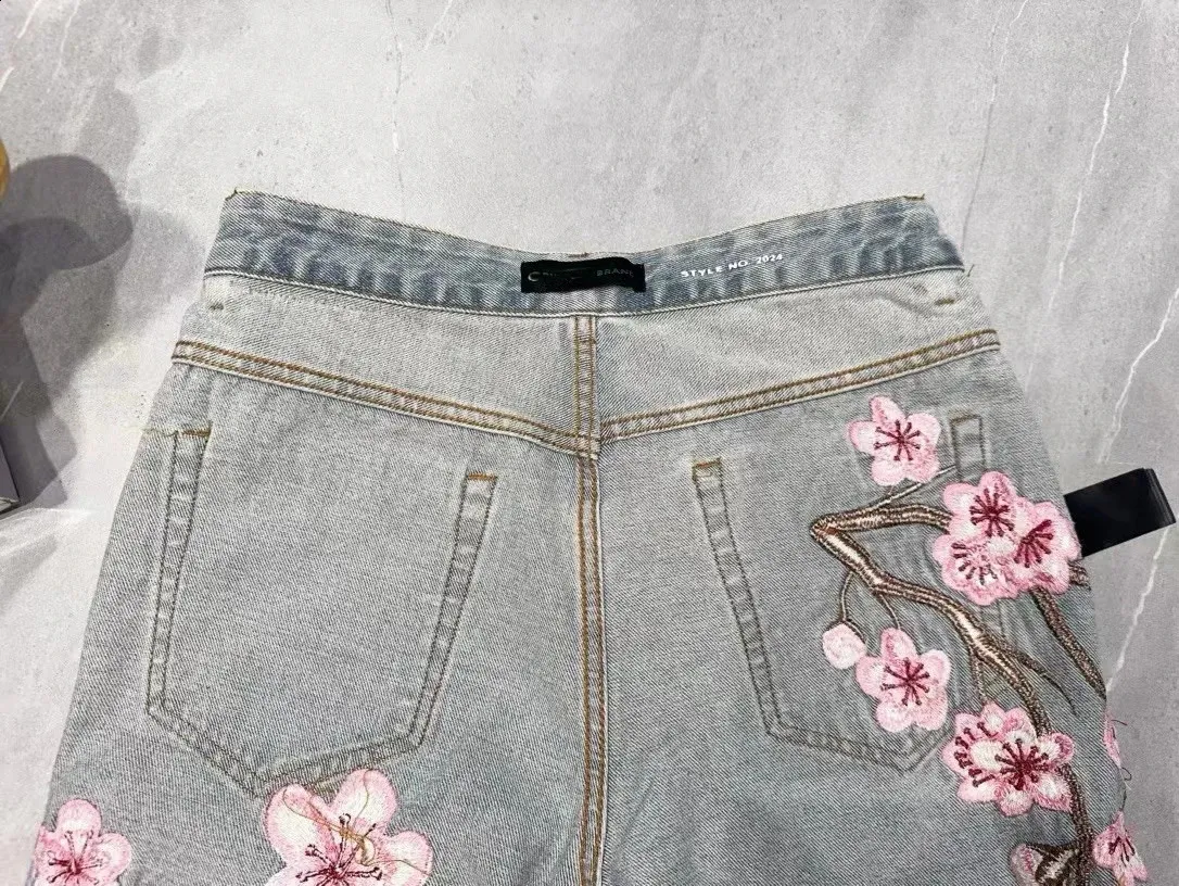Peach Blossom Embroidered Wide Leg Baggy Flower Jeans For