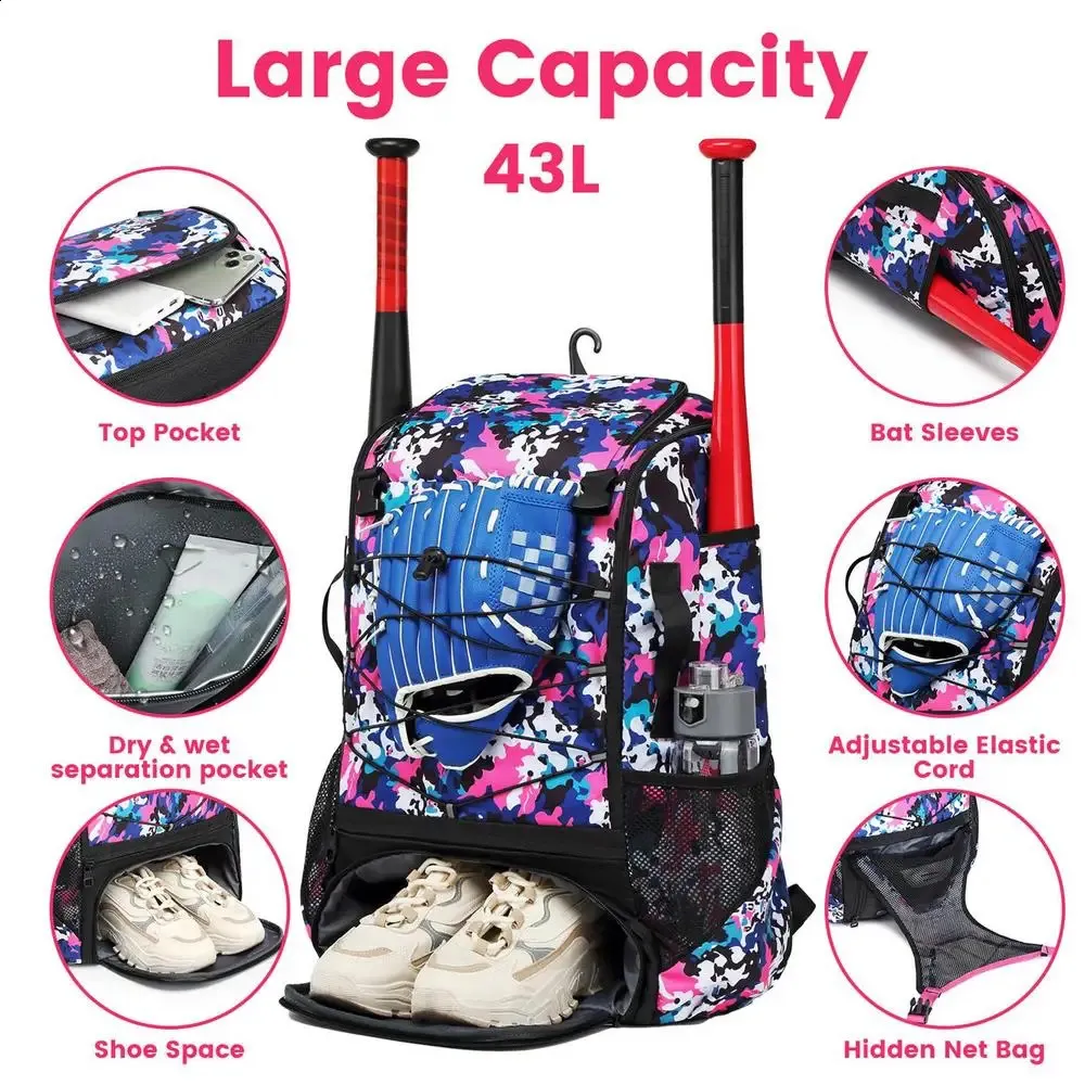 Sac de baseball, sac à dos de baseball, de baseball, de baseball, de softball, de baseball, de baseball, avec compartiment à chaussures et crochets de clôture, pour adolescents, garçons et adultes
