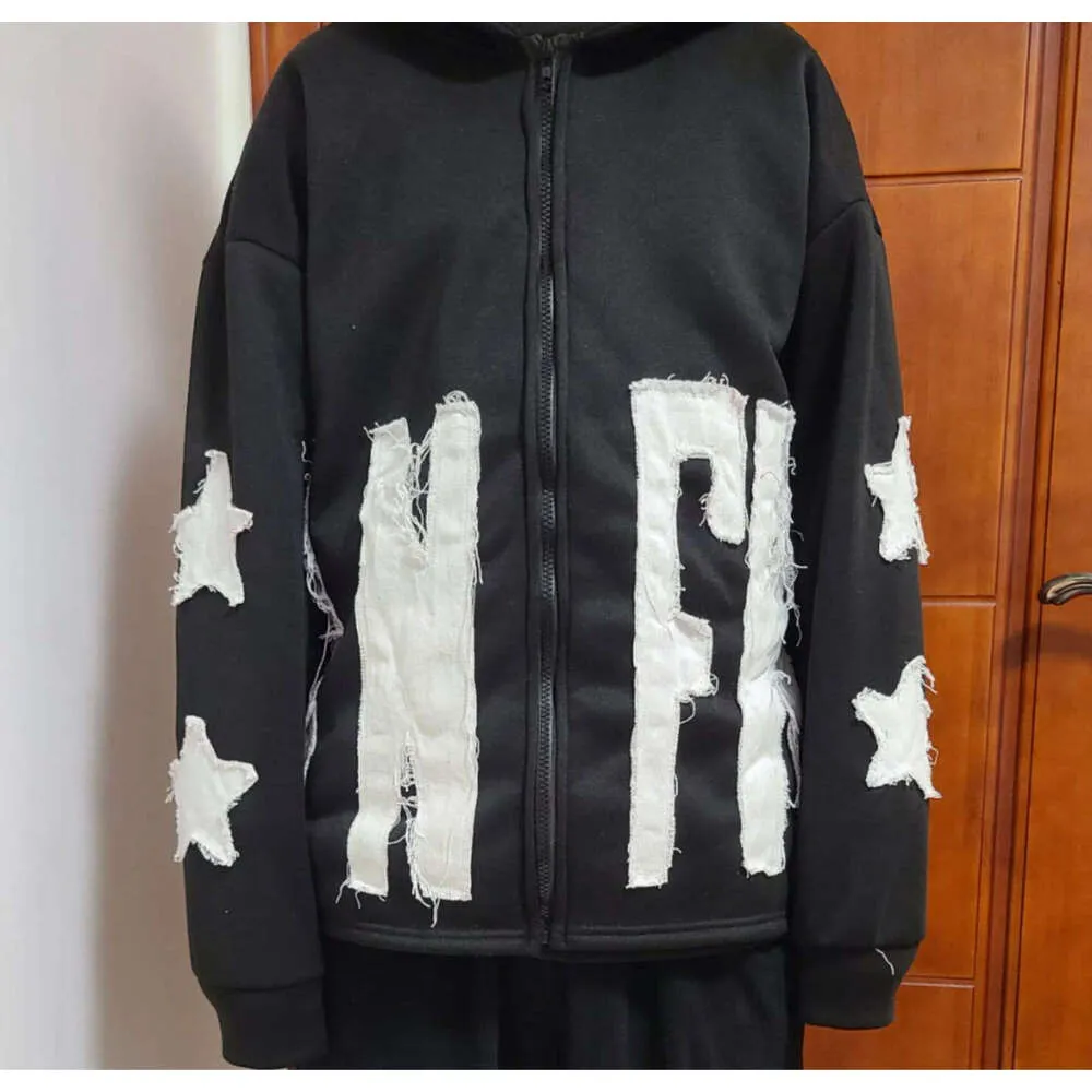 2024 Letter Star Pattern Long Sleeve Star Zip Up Hoodie Patchwork
