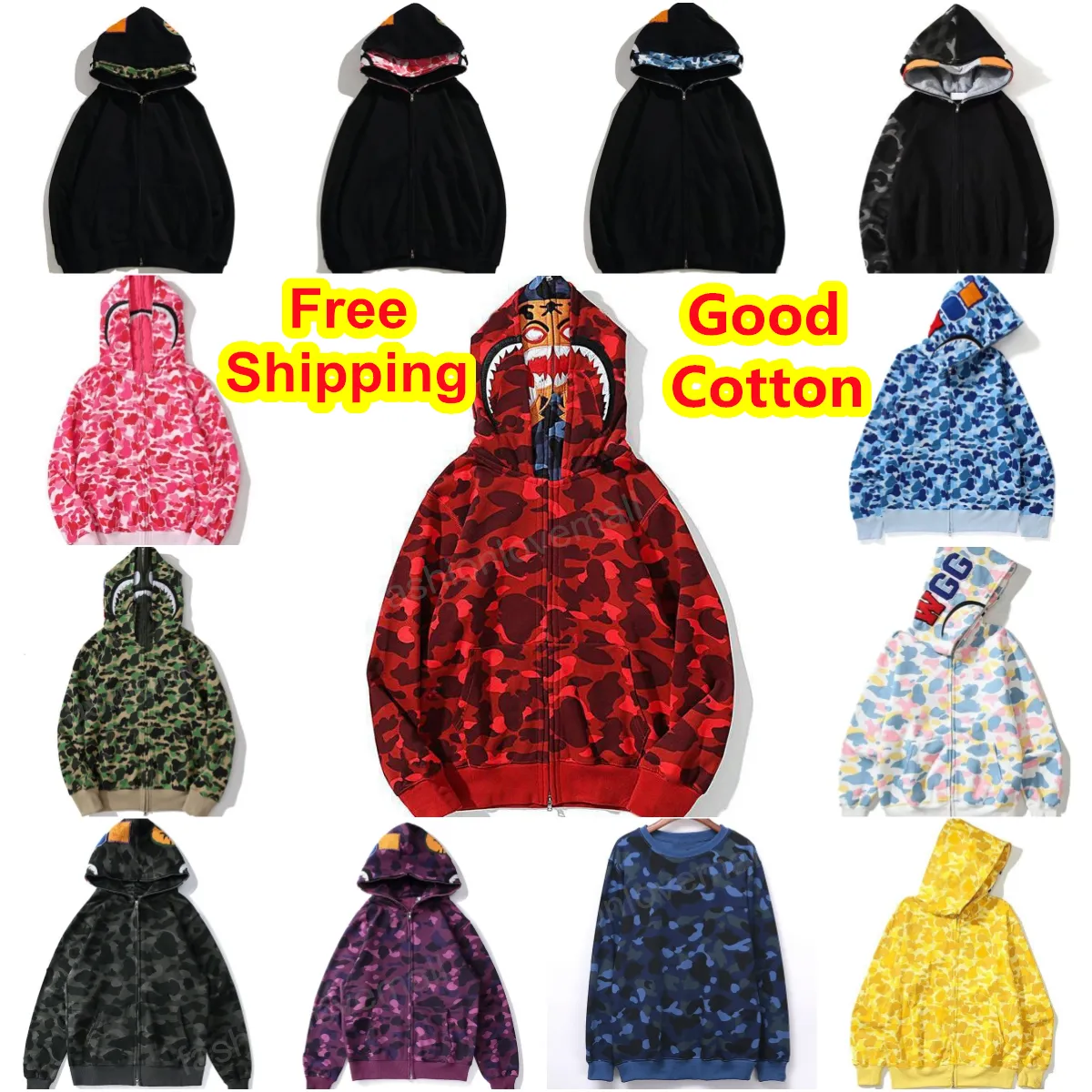 Men Shark Hoodie Cotton Designer Hoody Women Camo Hoodies Fashion Hooded Street Tide Pullover Luxury Streetwear Full Zip Up Sweatshirt Hip Hop