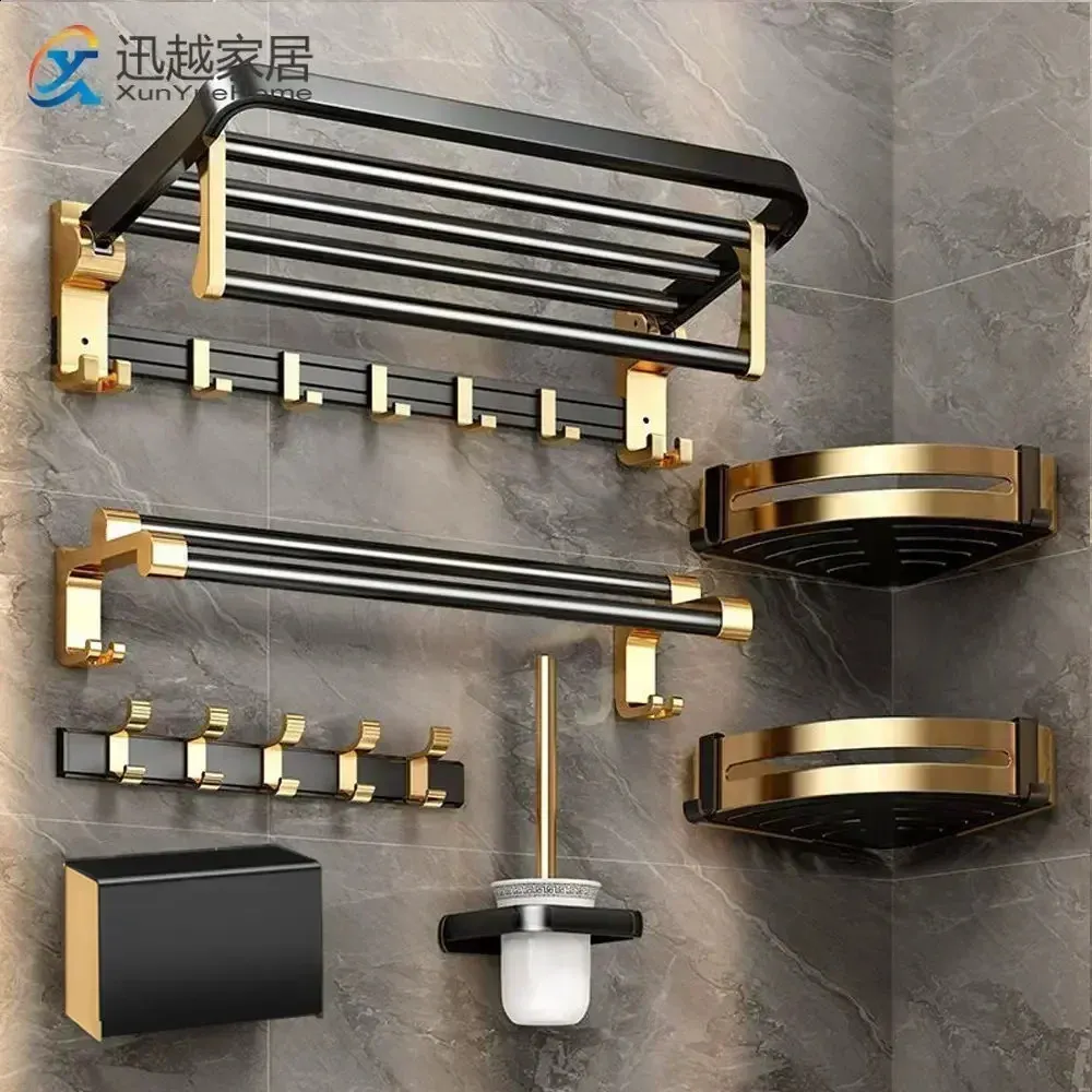 Save Big on Bulk Black And Gold Bathroom Hardware Black Gold Aluminum  Bathroom Accessories Hardware Set Towel Bar Railing Paper Bracket Clothes  Hanger