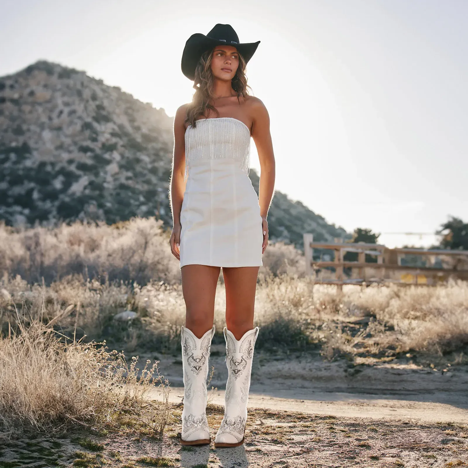 white fitted midi dress CORSET PLEATED FLAP | CULT MIA while the body is THE TEXAS DENIM DRESS Color:N53 filter-backfilled