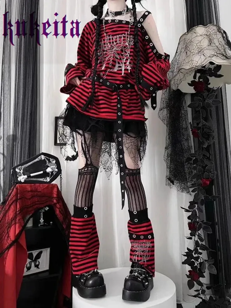 Harajuku Punk Red And Black Striped T Shirt With From