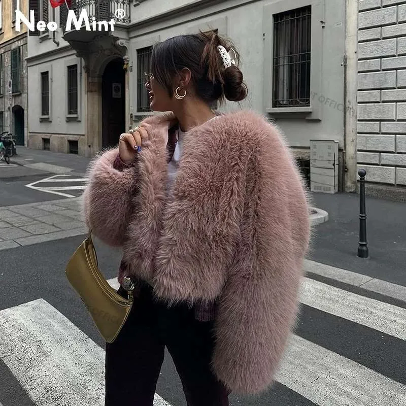HOT Cropped Jacket Pink Faux Fur Coats Womens Faux Fur