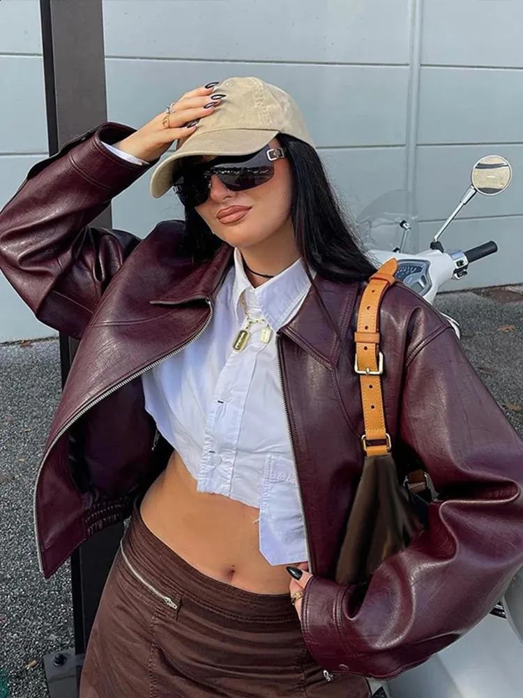 Womens Vintage Leather Short Jacket - Solid Color, Casual