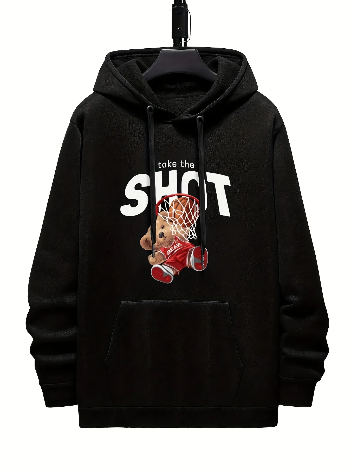 Mens Teddy Bear Print Hoodie Kangaroo Pocket, Drawstring, Casual