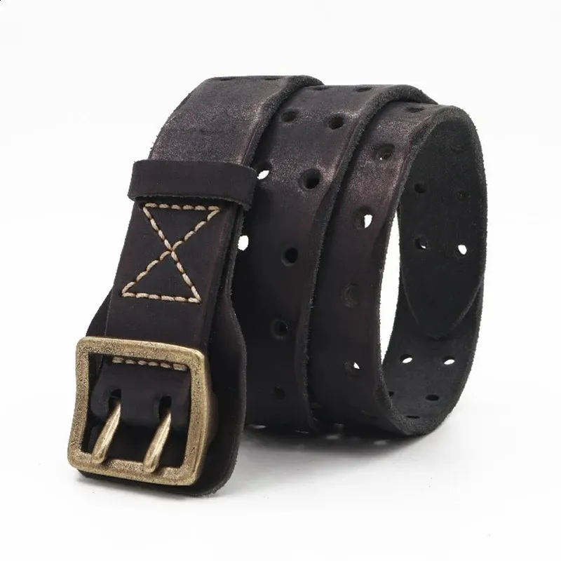 Handmade Double Needle Buckle Leather Belt - Washed Vintage