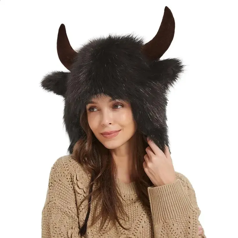 Animal Hats Horn Beanie Plush Earflap Hat With Horns Winter