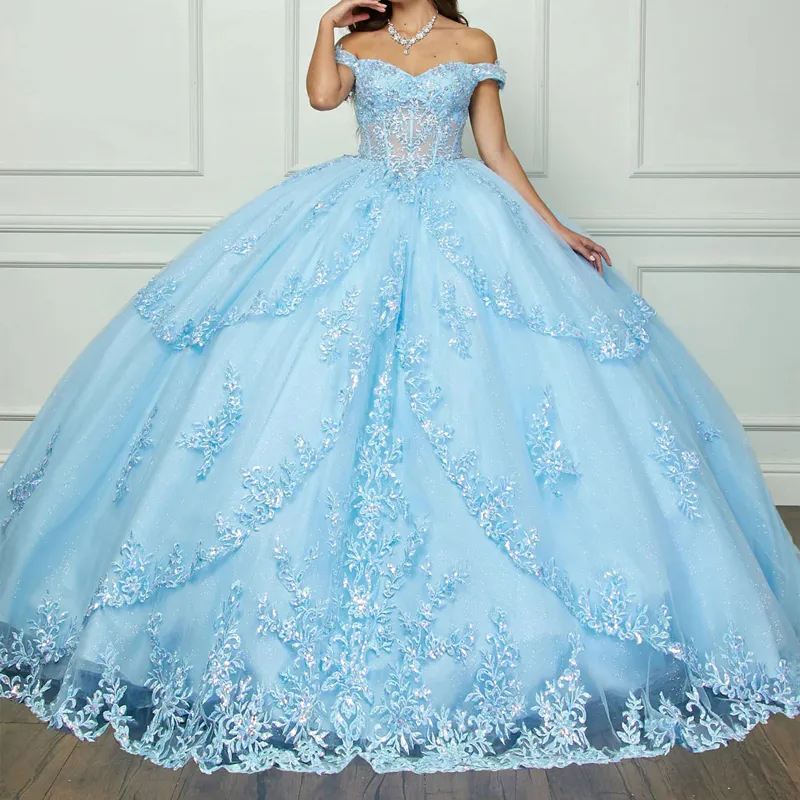 Sparkly Sky Blue Quinceanera Ball Gown with Appliques Beading Sequins