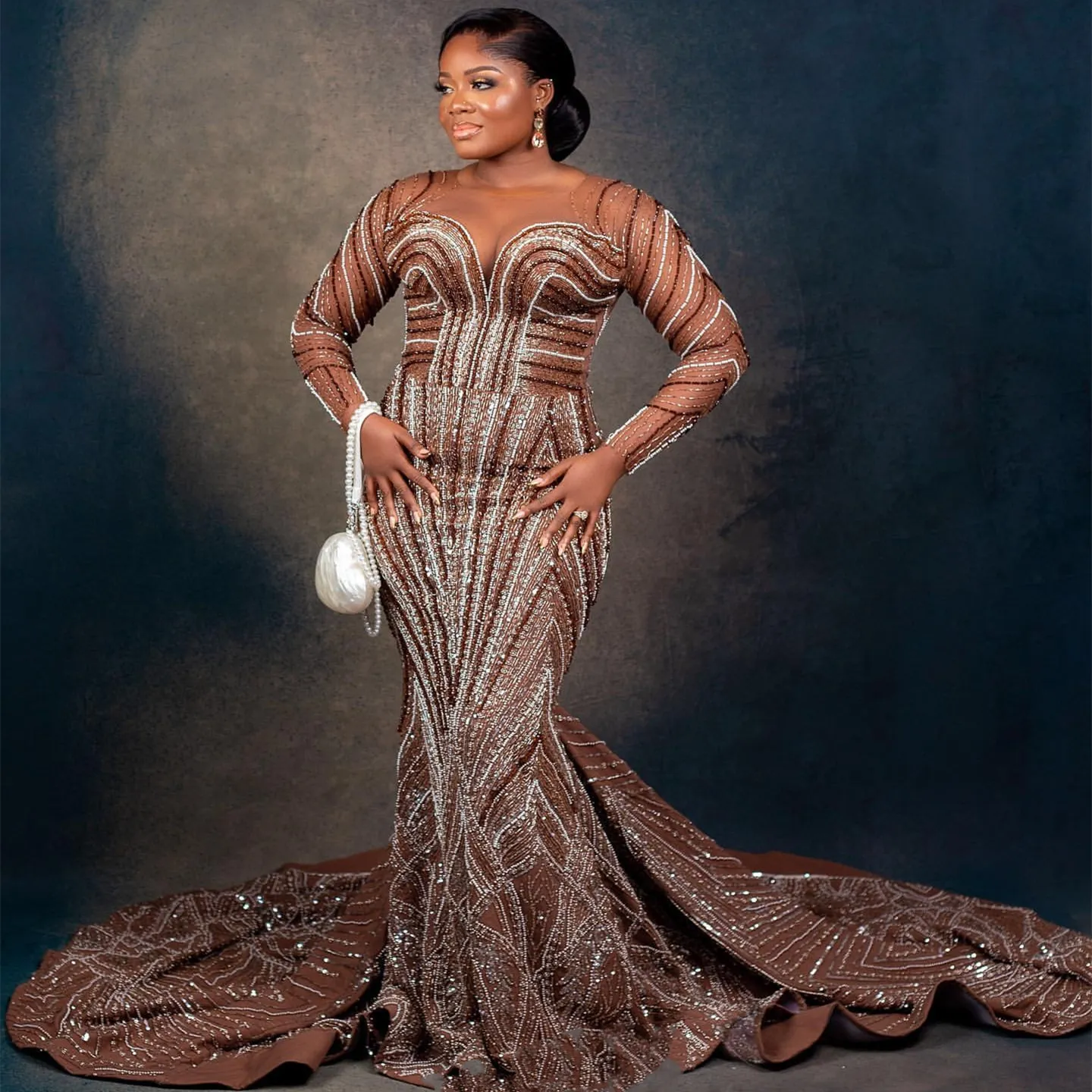 brown illusion dress Brown Two-Piece Illusion Long Sleeves Dress