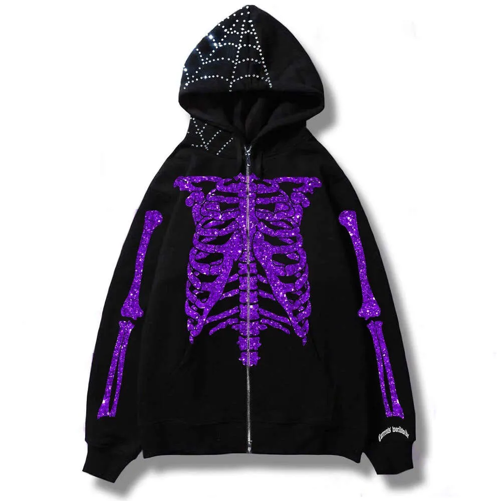 Y2K Skeleton Zip Up Hoodie: Glitter Print, Rhinestone Detail