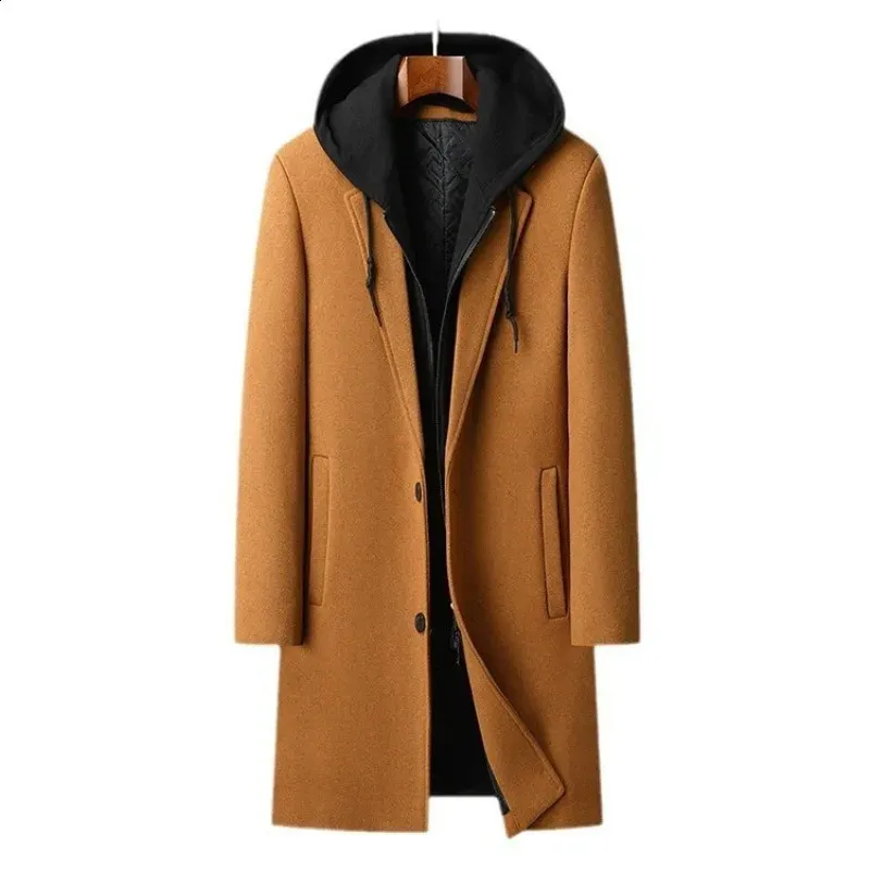 Mens hooded wool blended cashmere long coat trench coat winter