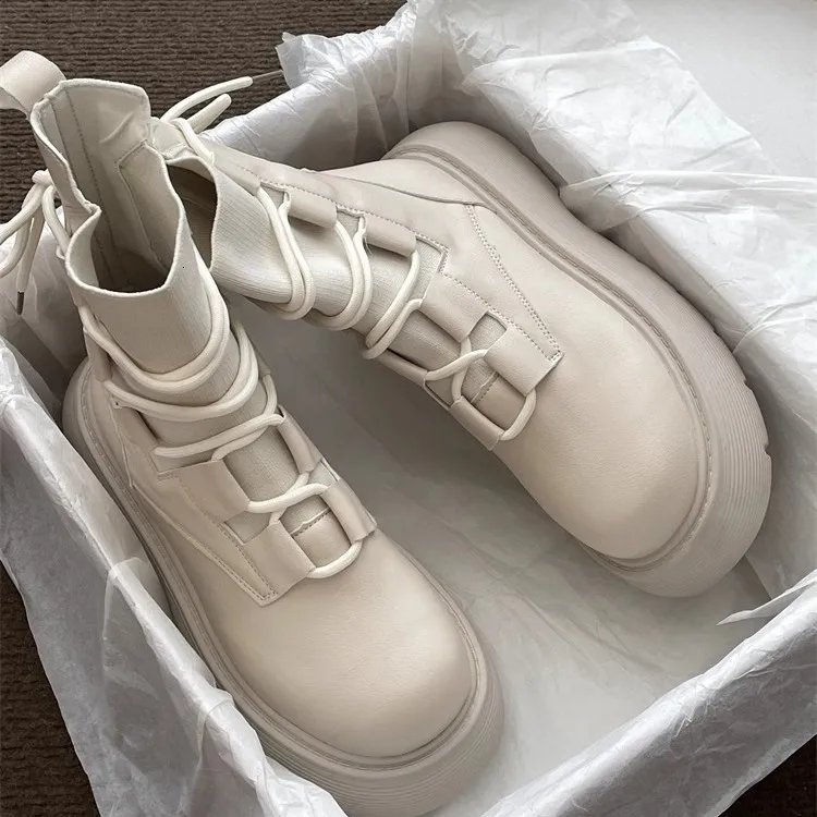 Chunky White Boots With Velcro White Lace-Up Ankle Boots Stylish