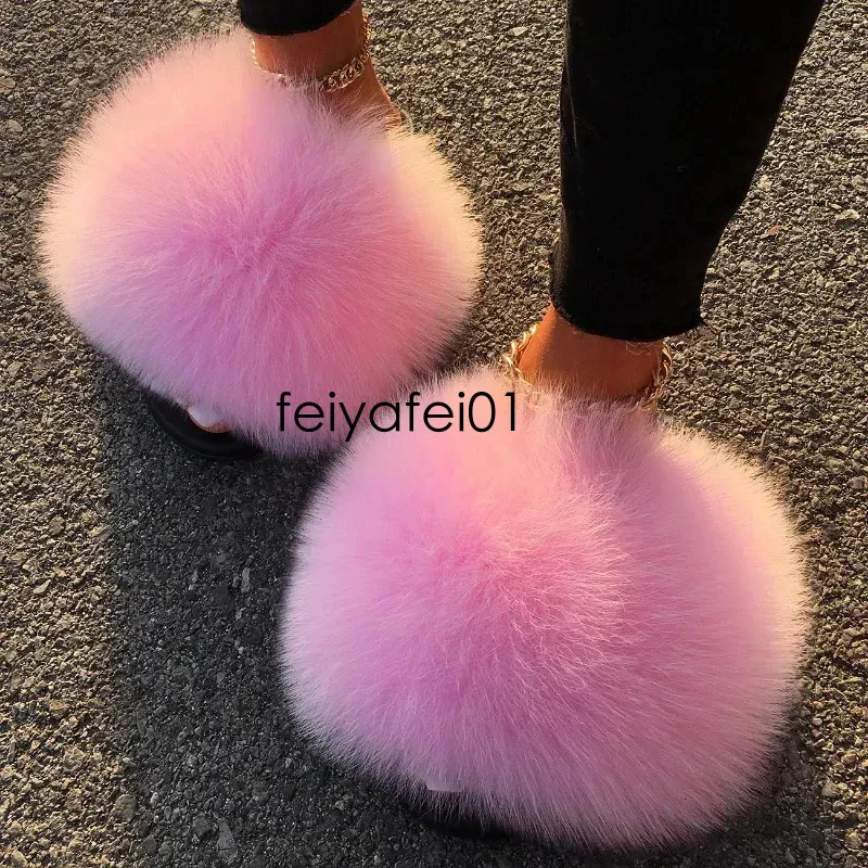 YIJIARAN Women's Faux Fur Slide Slippers - Soft Fox Fur Sandals For Indoor/Outdoor (Rose Red, Size 10)