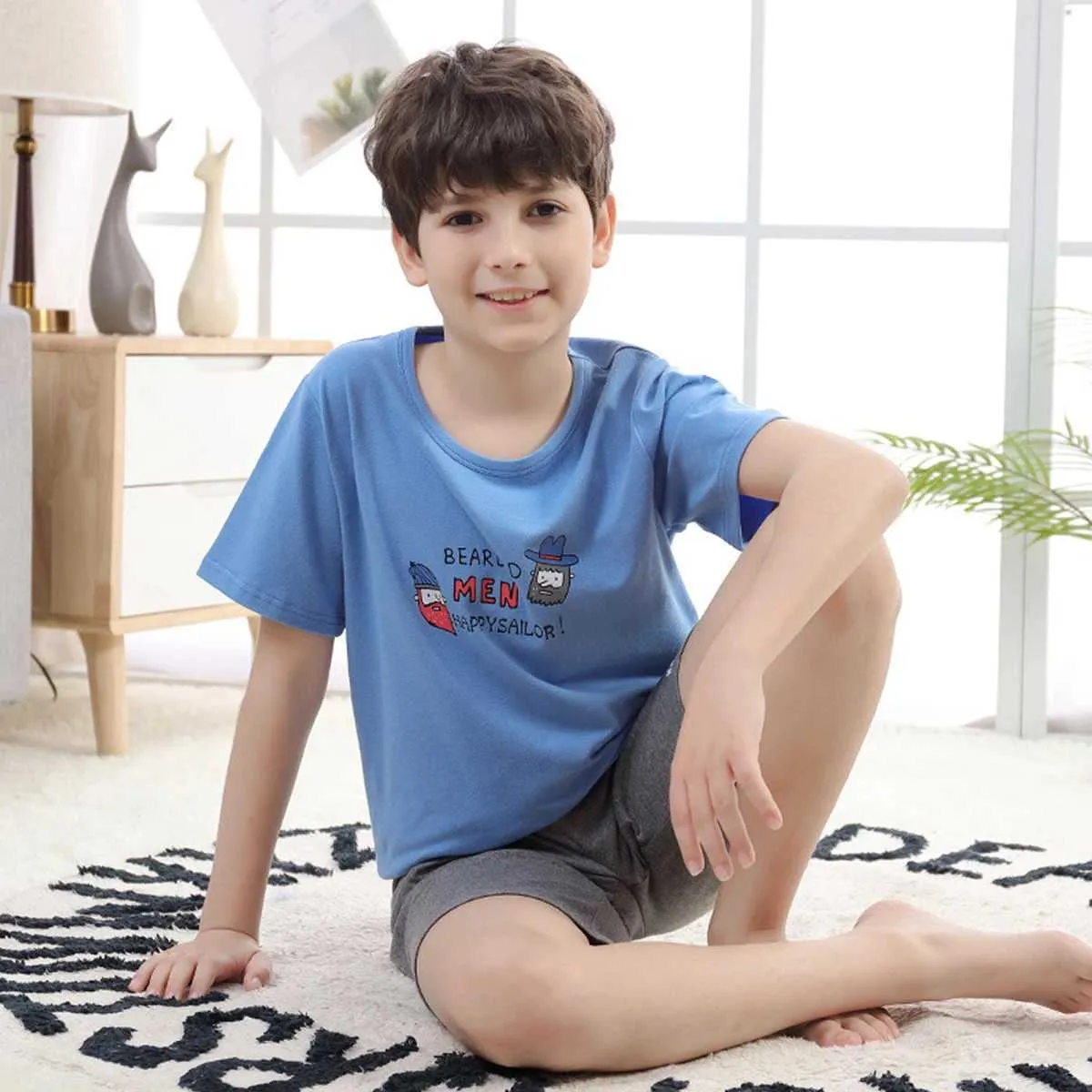 Kids Stripe Cotton Pajama Set Short Sleeve Sleepwear for Boys