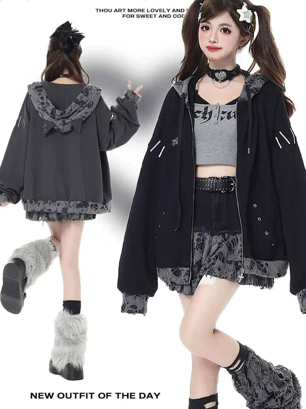 Oversized Kawaii Cat Ear Hoodie - Y2K Harajuku Zipper Sweatshirt