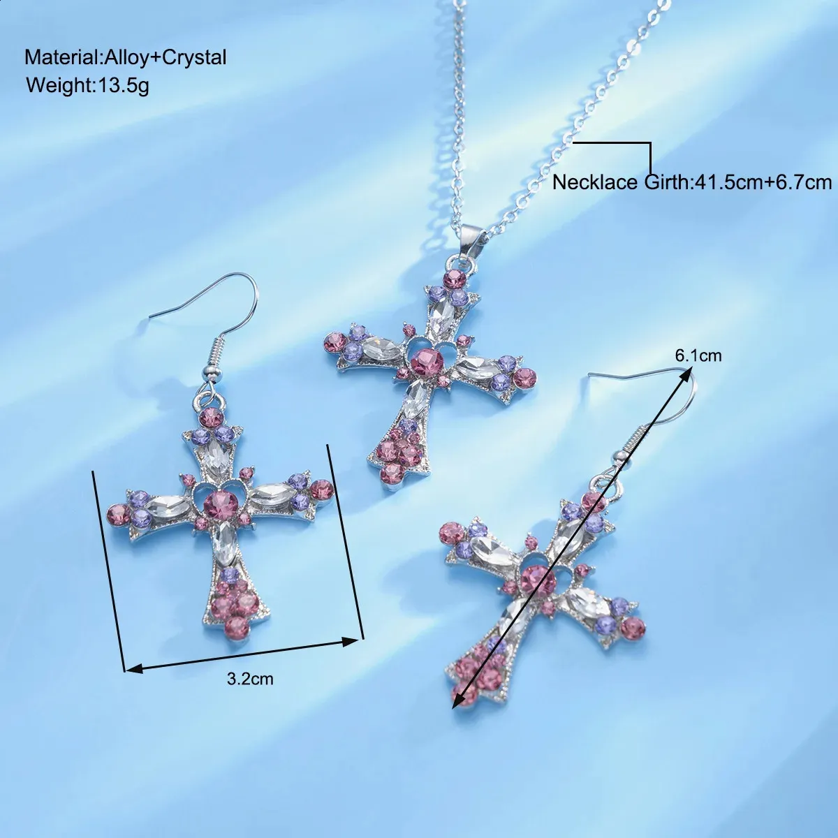 Rhinestone Cross Jewelry Set: Pendant Necklace & Earrings Y2K