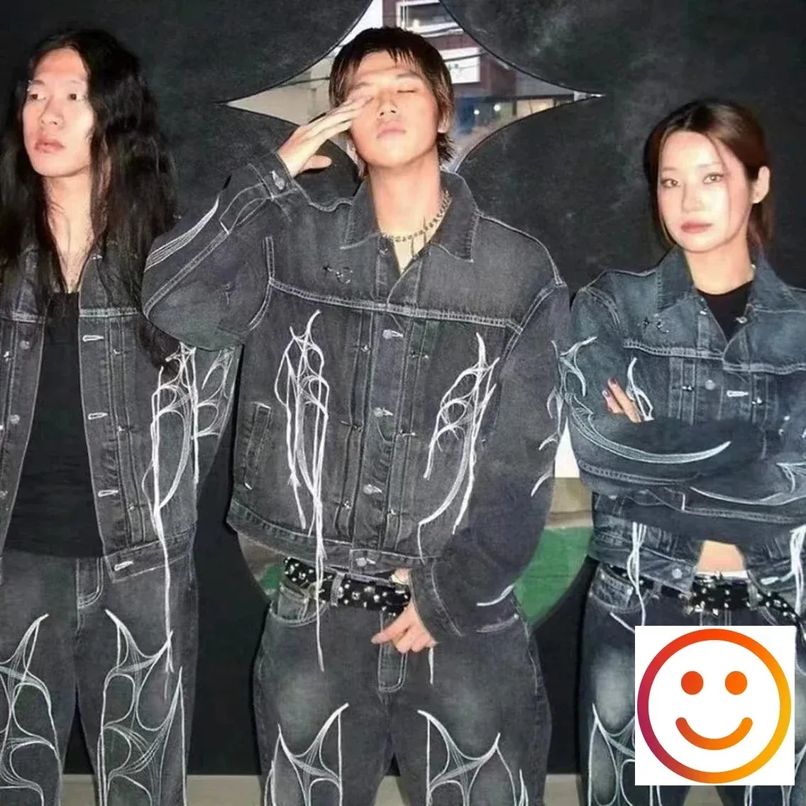 Washed Thug Club Embroidery Root Fringe Straight Denim Jacket Set