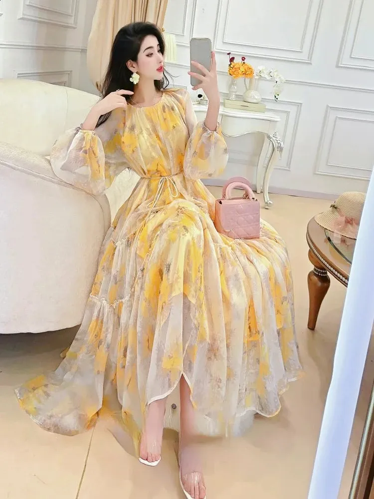 OCEANLOVE Vintage Floral Aline Beach chiffon maxi dress - Elegant Long Gown for Women, Perfect for Spring/Summer Fashion (240906)