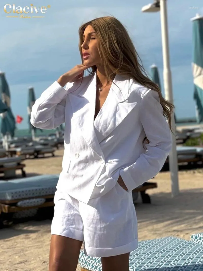 Elegant White Cotton Tracksuits Loose 2 Piece Shirt and Shorts Set for Women