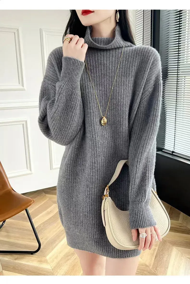 Floral Knitted Turtleneck Sweater with Skirt for Women - Medium Loose Fit, Thick and Warm for Autumn and Winter - Style 240905