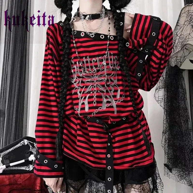 Harajuku Punk Striped Butterfly Print T-Shirt - Gothic Y2K
