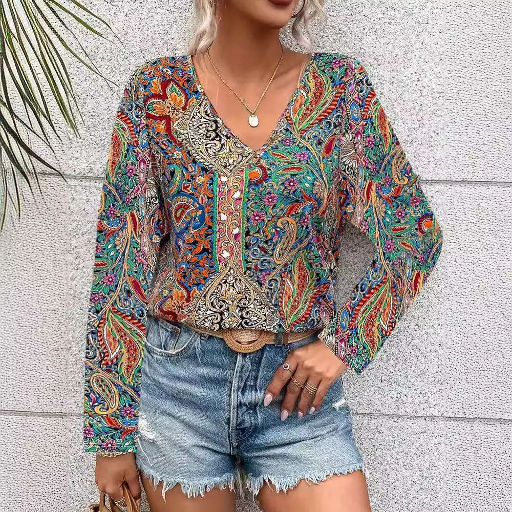Boho Paisley V-Neck Top - Premium Womens Long Sleeve Shirt