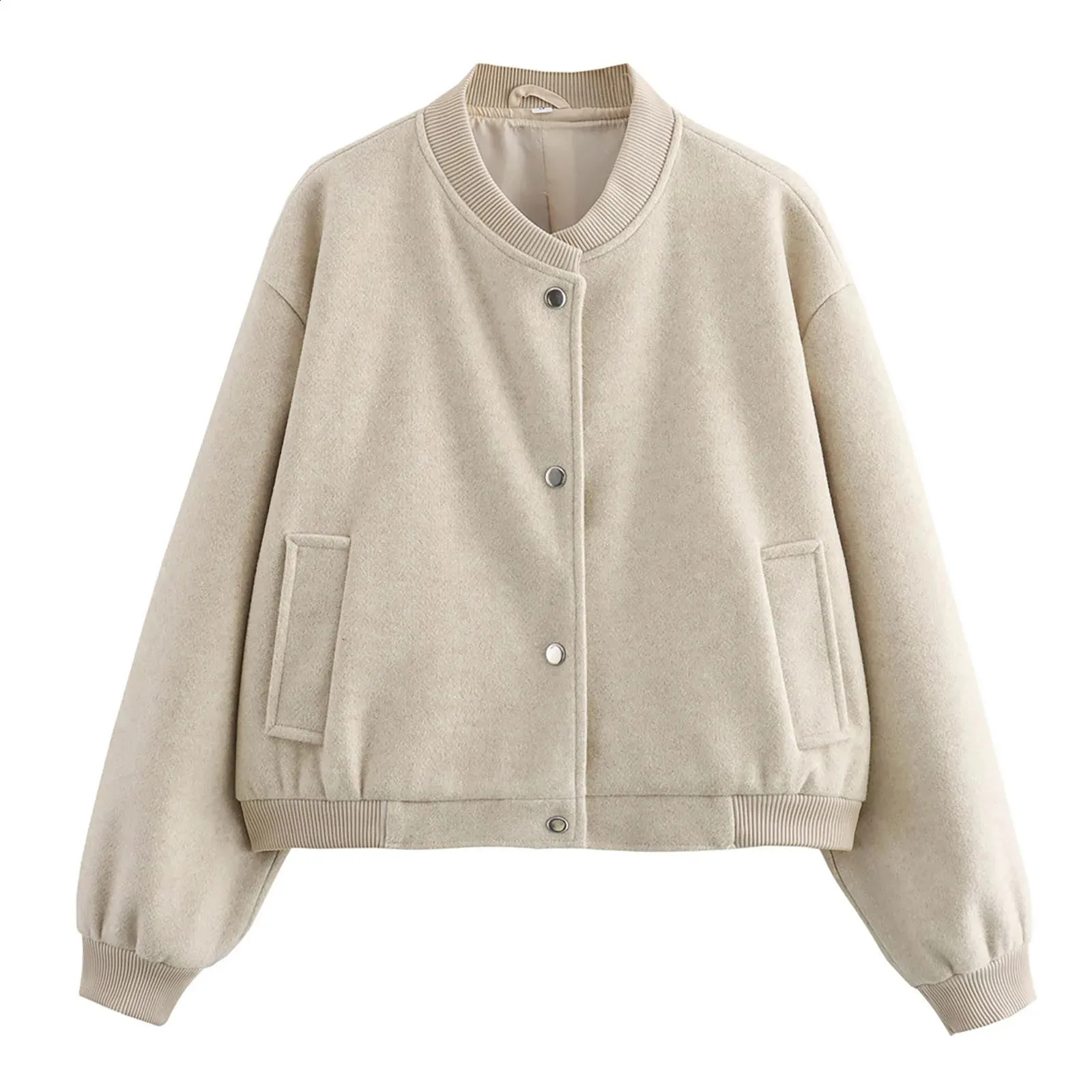 Womens Retro Soft Cut Wool Bomber Jacket - Solid Color