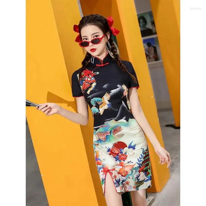 Optimized Product Title Modern Oriental Mini Cheongsam Inspired Dress For Young Girls Sexy Print Flower Cheongsam Vestidos With Chinese Traditional Style For Summer Parties And Ethnic Occasions From J...