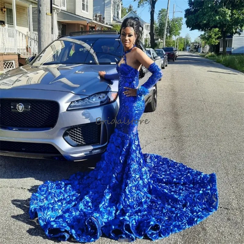 Royal Blue Halter Sequin Trumpet Mermaid Mermaid prom dresses 2023 with 3D Floral Embellishments for Black Women - Perfect for Birthdays and Evening Royal Blue Halter Sequin Trumpet Mermaid Mermaid prom dresses 2023 with 3D Floral Embellishments for Black Women - Perfect for Birthdays and Evening