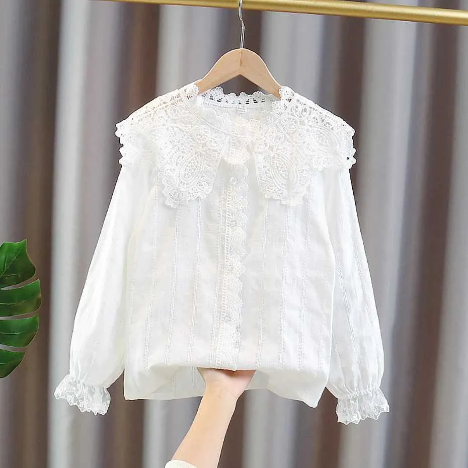 Elegant Girls White Lace Blouse: Long Sleeve Floral Design A