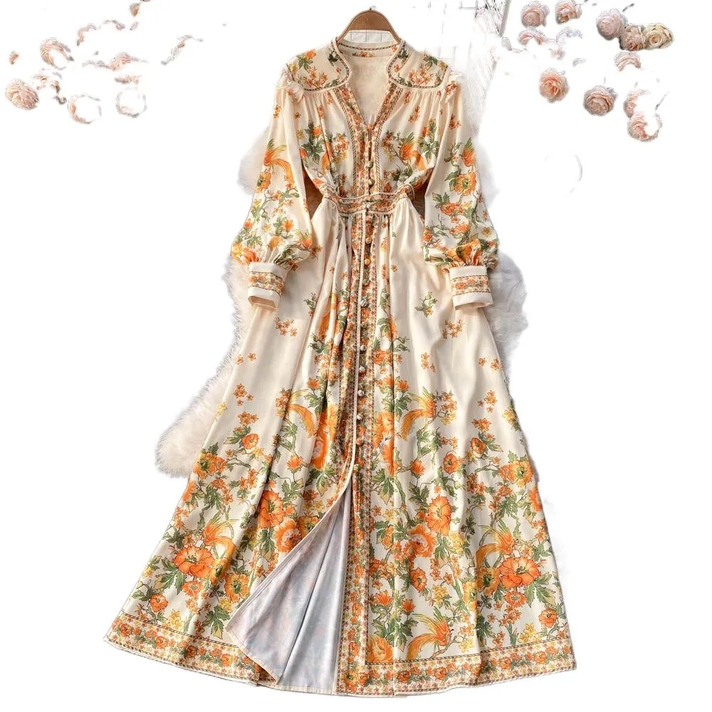 Elegant Floral Maxi Dress - Royal Style Long Sleeve V-Neck, Single  Breasted, High Waist Lantern Sleeve Gown - Fashion Designer Dress from  Dhgate Basic & Casual Dresses - price 37.07