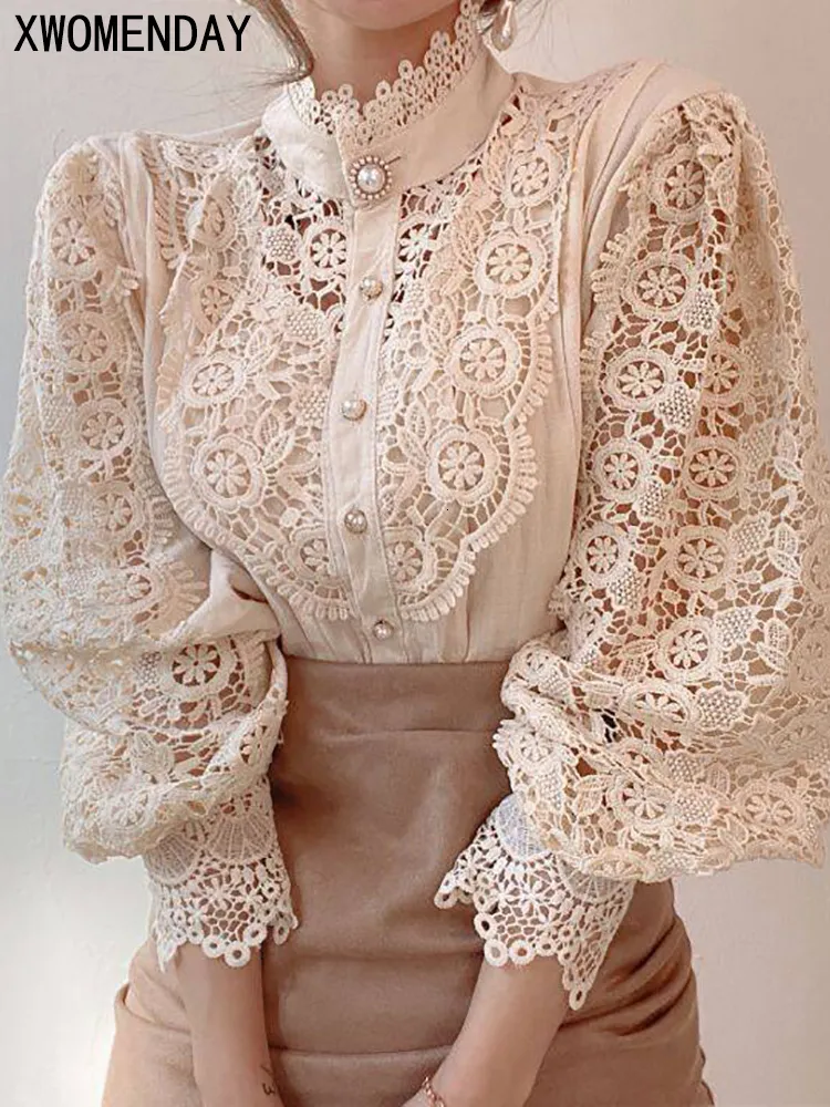 Women's White Chiffon Button Turtleneck Blouse with Floral Lace, Fluffy  Long Sleeve, Hollow Oversize Design