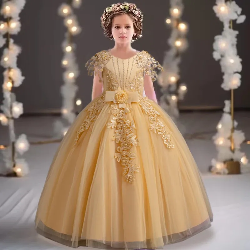 fitted lace wedding dress Ultra Soft Lace Tulle Sleeved Floor Length Flower Girl Dress main image 1