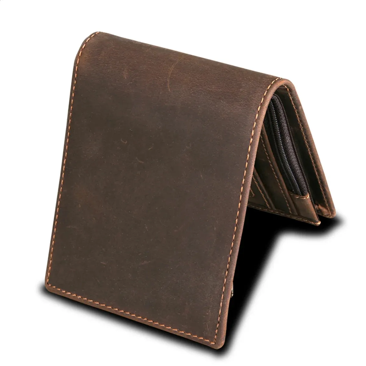 RFID Blocking Men's Tri-Fold Chain Wallet - Crazy Horse Leather With Steel Chain (Skull Brown, Large) - View #5
