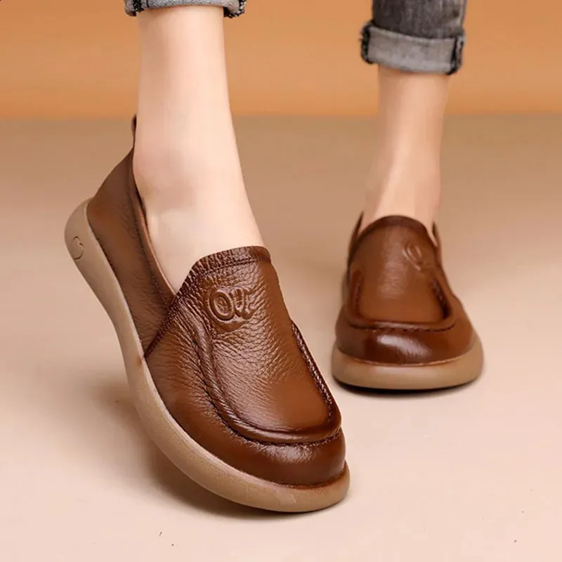 Womens casual shoes soft flat bottom brown leather round sole daily sliding  shoes from Dhgate Dress Shoes - price 81.34